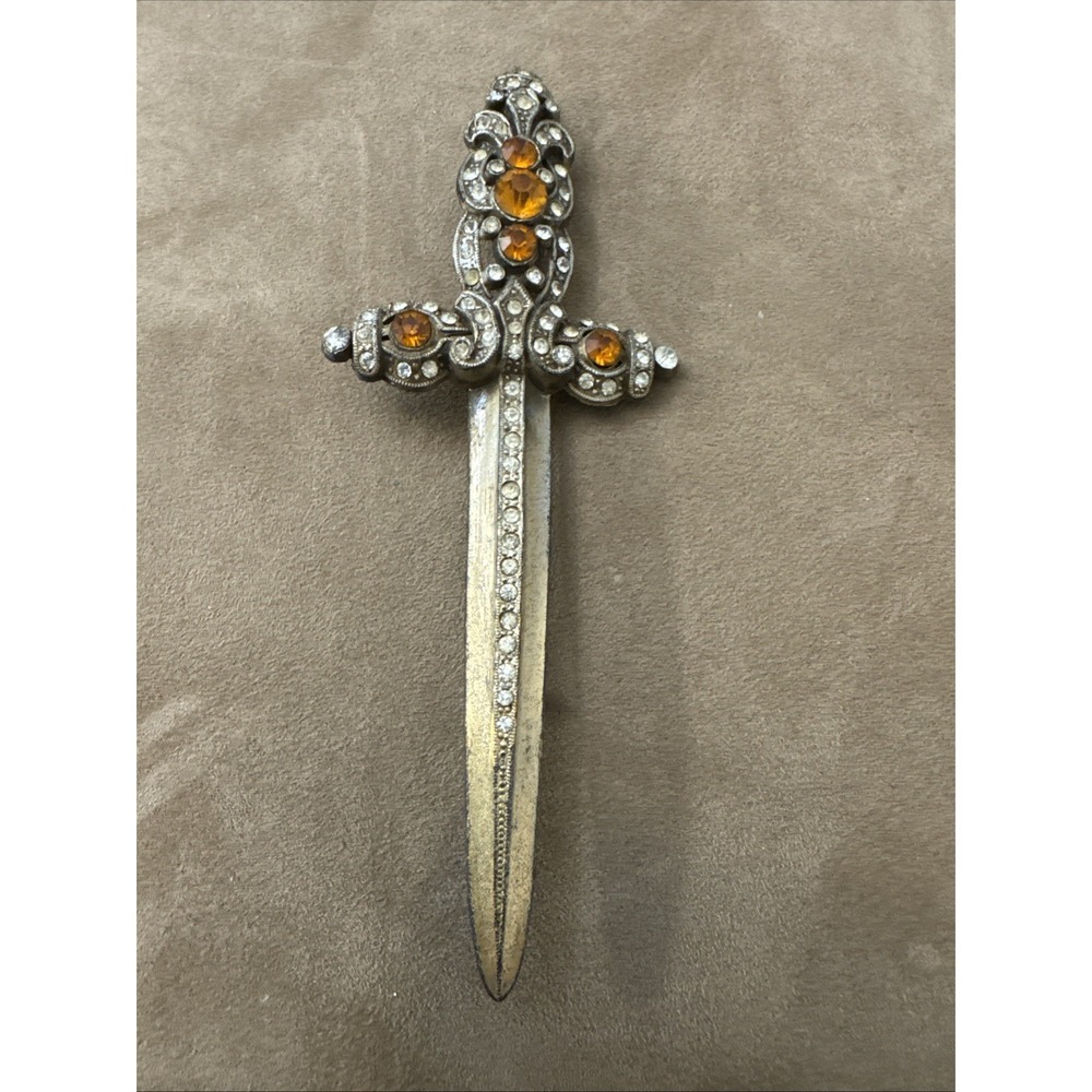 Vintage Edwardian Revival C 1910 Large 5" Dagger Seats Brooch Pot Metal Rhinesto